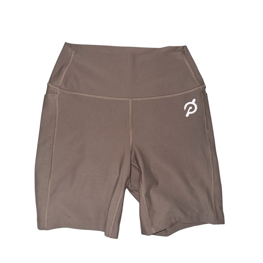 Peloton Womens High Waisted Biker Shorts Brown Taupe Side Pockets Size S